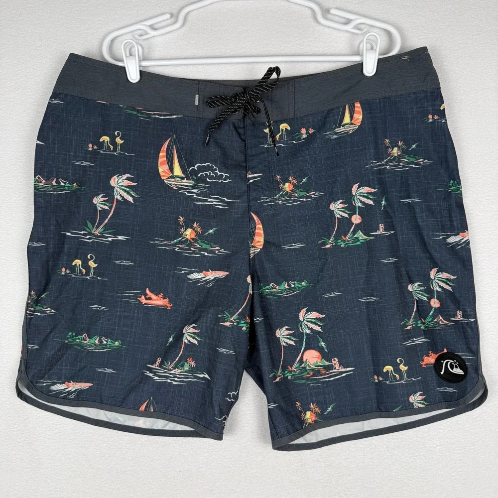 Quiksilver Highline Board Shorts Mens 40 Grey Tropical Sailboat‎ EQYBS04524